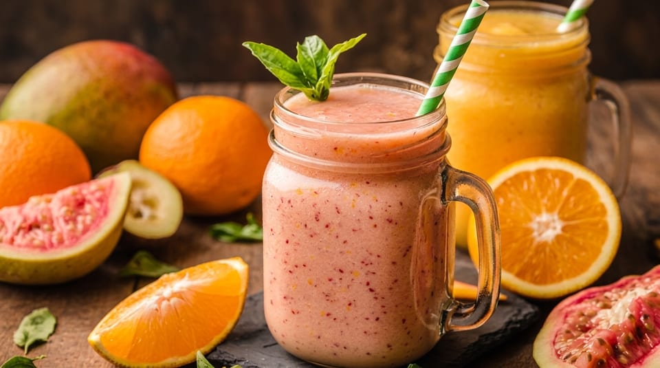 Two fruit smoothies in mason jars, surrounded by fresh oranges, mango, and guava.