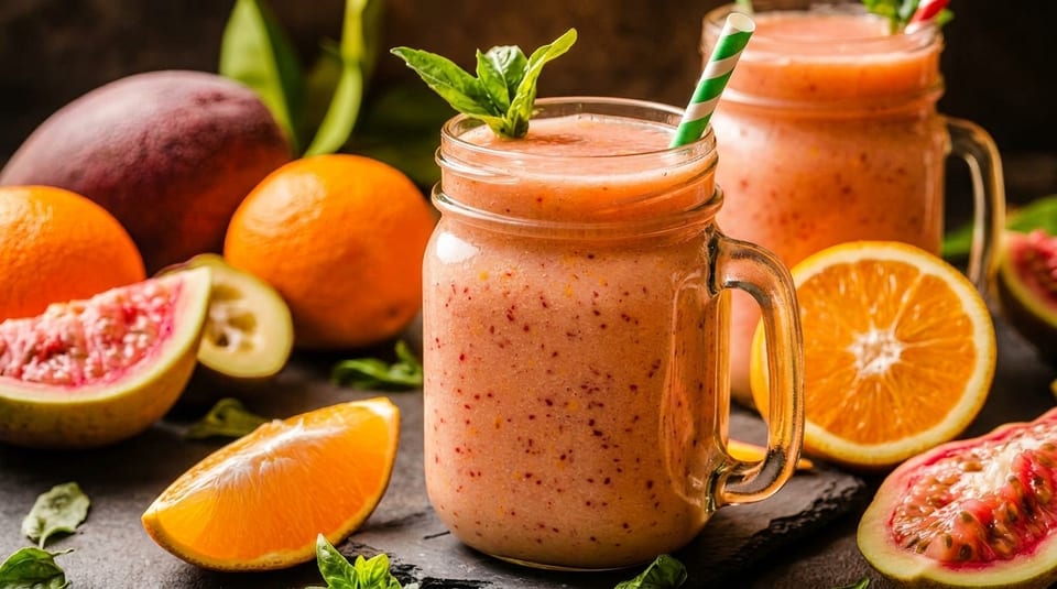 Two mason jar smoothies with mint and striped straws, surrounded by fresh oranges, mango, and guava.