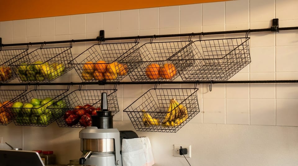 Fresh fruit, including apples, oranges, and bananas, displayed in black wire baskets on a white tiled wall.