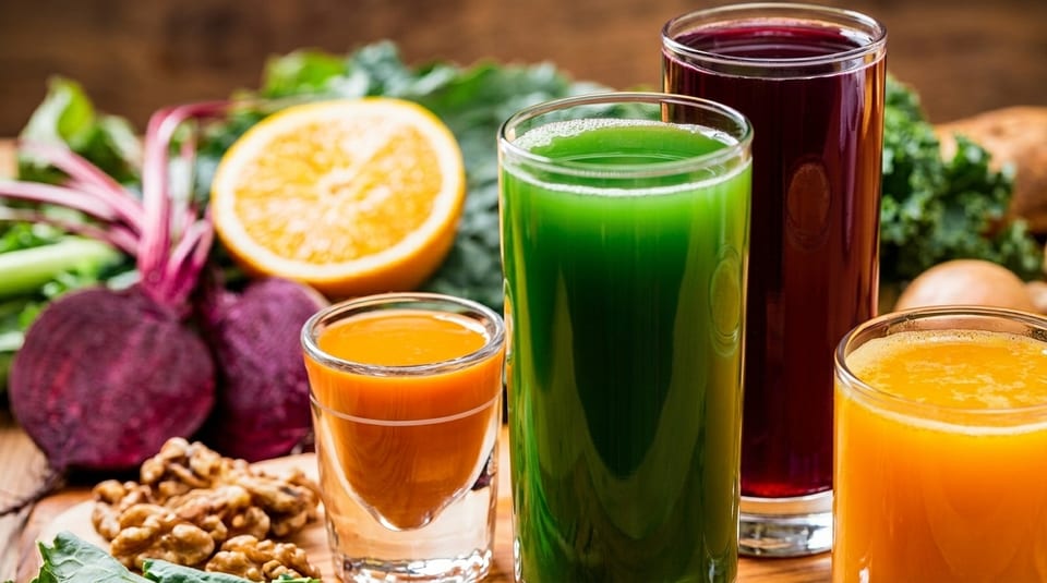 Colorful fresh juices in glasses with beets, orange, and walnuts in the background.